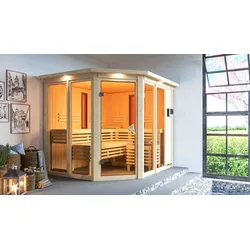 Karibu Multifunktions-Sauna Ava inkl. Infrarotstrahler mit Eckeinstieg 68 mm Inkl. Dachkranz 9 kW Ofen inkl. Huum Wlan Steuergerät mit App-Funktion inkl. gratis Zubehörpaket im Wert von 126,96€