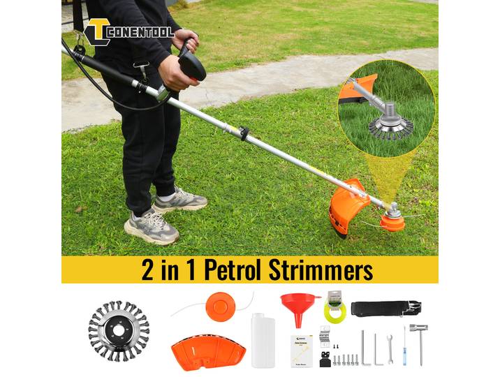 CONENTOOL 52CC 11000RPM Tondeuse à gazon thermique 2 EN 1 Débroussailleuse thermique 2500W 2 temps Outil de jardinage pour l'élagage et le désherbage