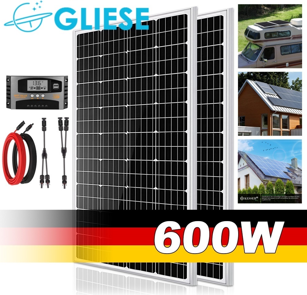 Solarmodul 600(2 * 300W) Watt Solarpanel Monokristallin Solar Set für Häuser RV Boot