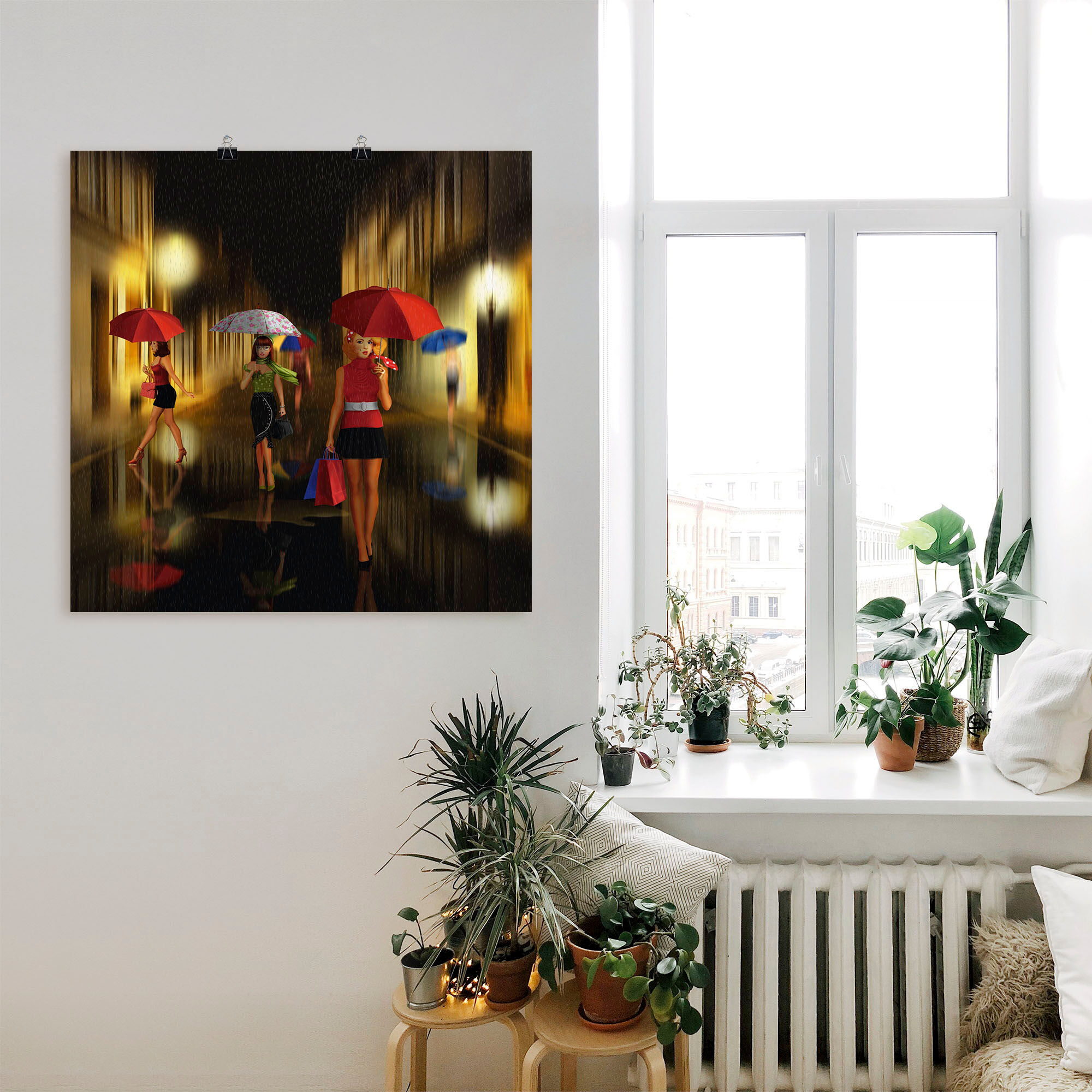 Poster ARTLAND "Frauen beim Einkaufen im Regen", bunt (farbe bild(er): bunt), B:30cm H:30cm, Bilder, Poster, ohne Rahmen farbe bild(er): bunt B/H/T: 30cm x 30cm, Poster Frau, 1 Stk.