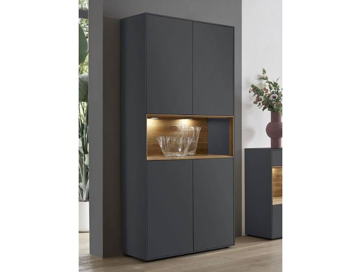 Vitrine 90x200cm 'Locarno' Wildeiche massiv & MDF anthrazit inkl.Beleuchtung