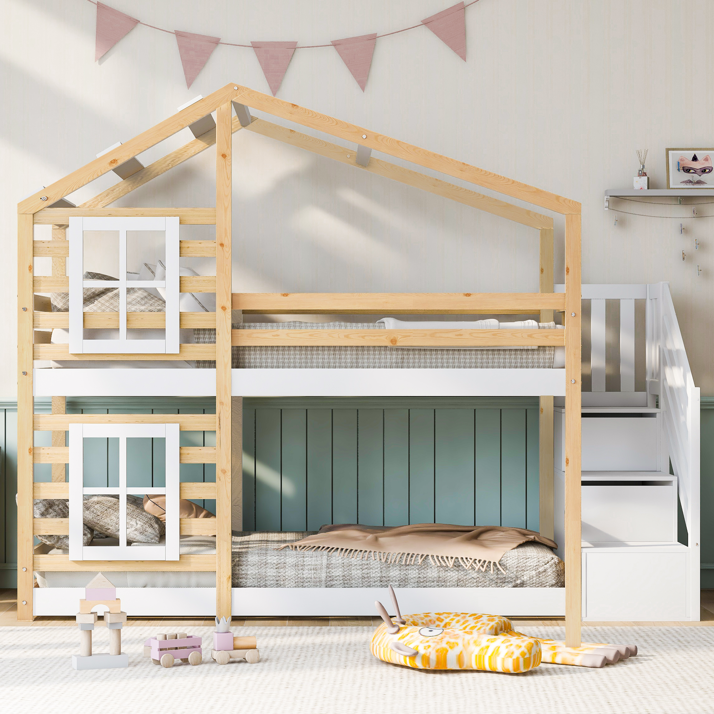 Flieks Etagenbett 90x200cm Kinderbett mit Treppe, Hochbett mit Rausfallschutz, Hausbett Massivholz mit Lattenrost für 2 Kinder