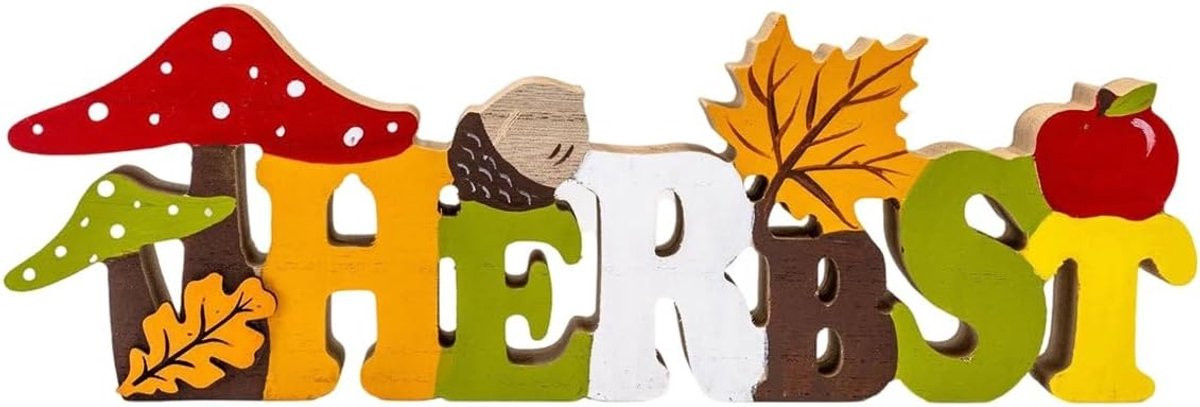 Houten Herfst Decoratie met de tekst Herbst, Paddenstoel en Egel Motief
