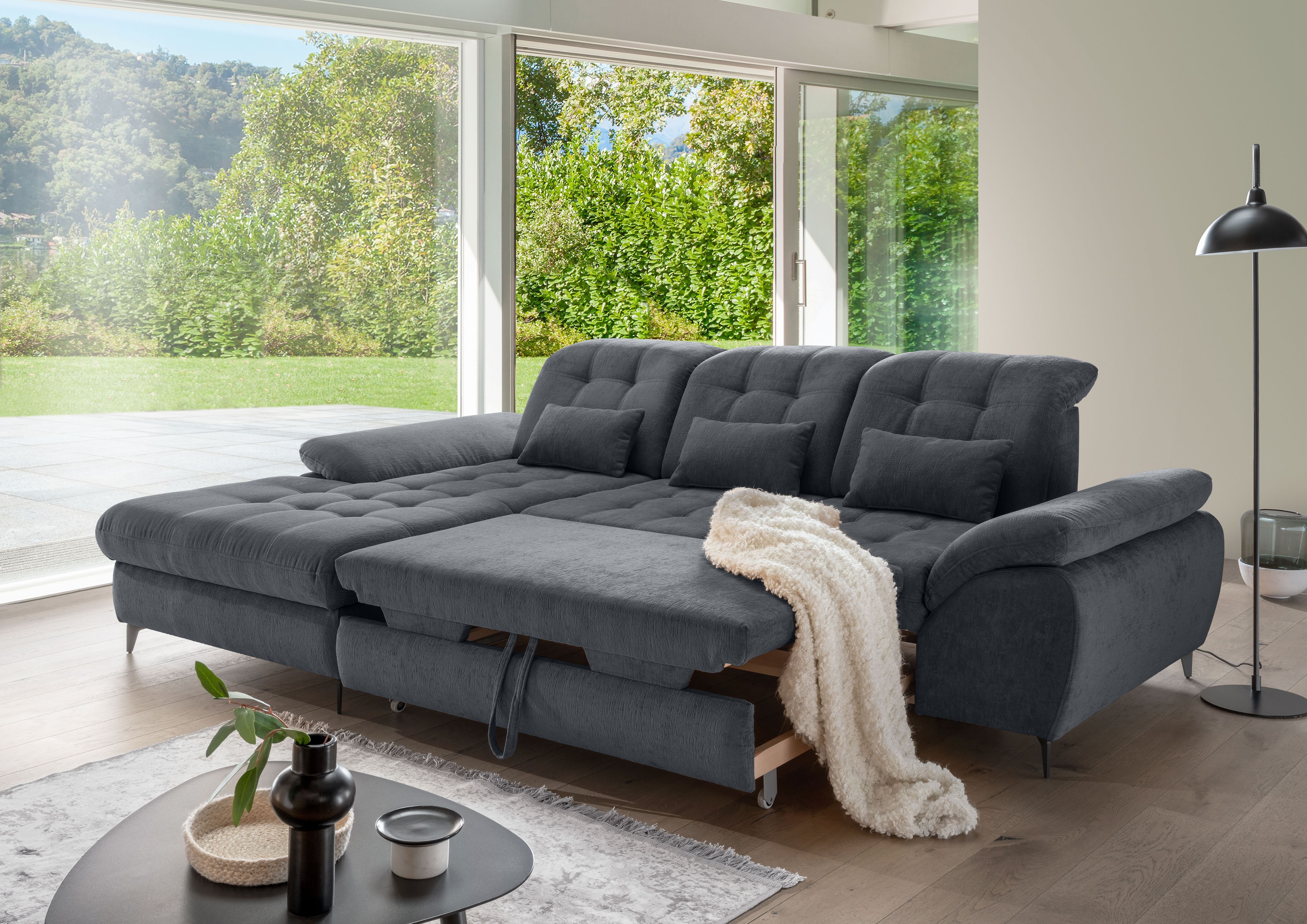 Wohnlandschaft OTTO HOME "Delphino Multifunktionen, Bettfunktion, Breite 273cm, L-Form", grau (anthrazit), Sofas, B/H/T: 273cm x 189cm, Microfaser, Armlehne links Recamiere rechts, anthrazit, 100% Polyester, Wohnlandschaft, inkl. Bettkasten, Schlaffunktio