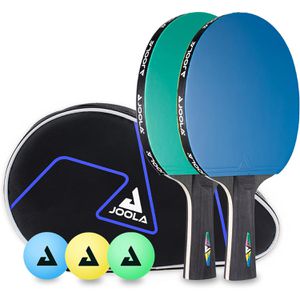Joola Tischtennisschläger DUO Colorato, 6-teiliges Set, blau/gelb & grün/lila, 2 Schläger, 3 Bälle & Transporttasche