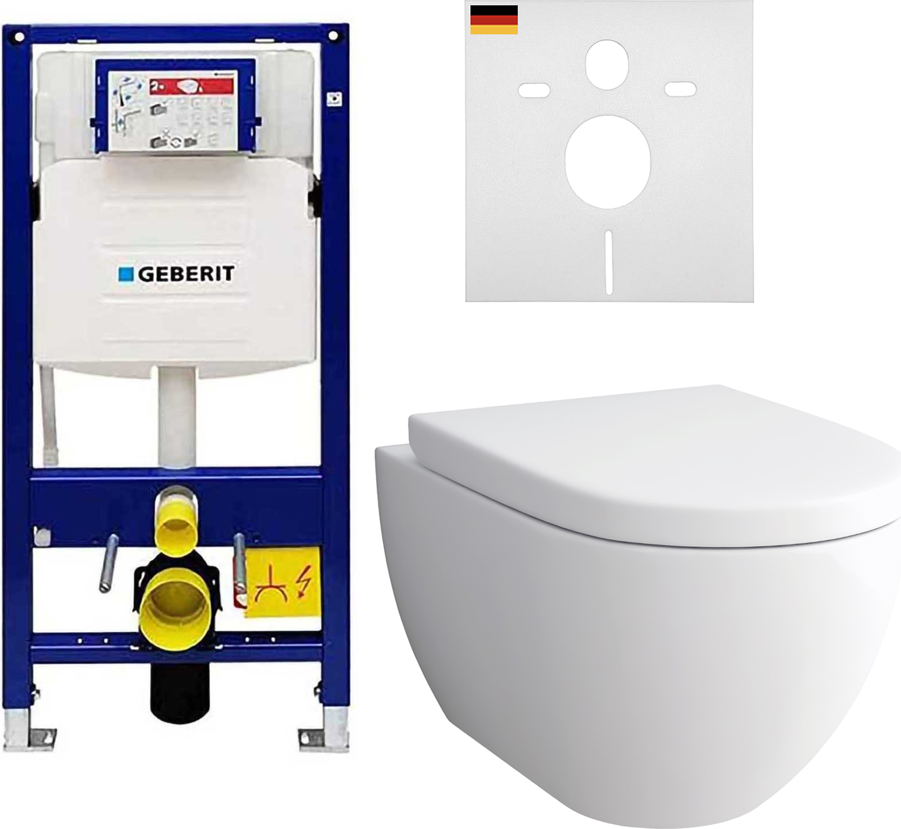 Alpenberger Hänge WC Spülrandlos mit Toilettendeckel D Form | Dusch WC Set | Kloschüssel mit Geberit Spülkasten | Taharet WC mit Vorwandelement WC Set Komplett mit Schallschutz