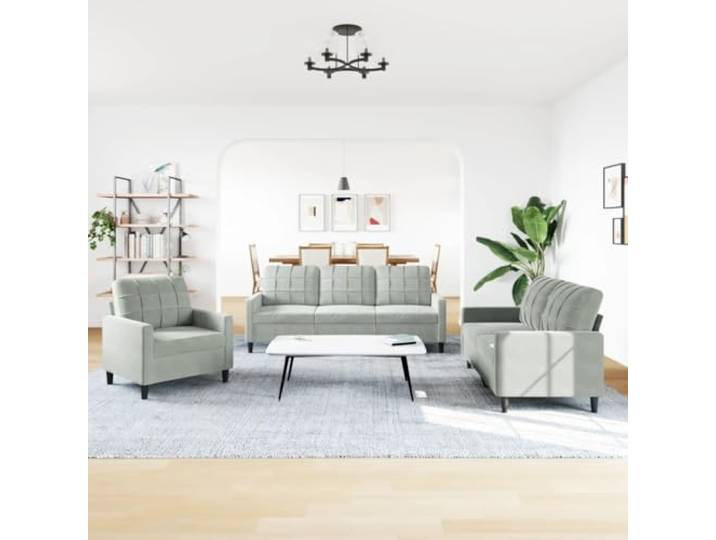 KTHLBRH Set aus 3 Sofas aus hellgrauem Samt mit Kissen Robustes Metallgestell, Polsterung aus Schaumstoff, modernes Design, 1 Sofa + 1 2-Sitzer-Sofa + 1 3-Sitzer-Sofa