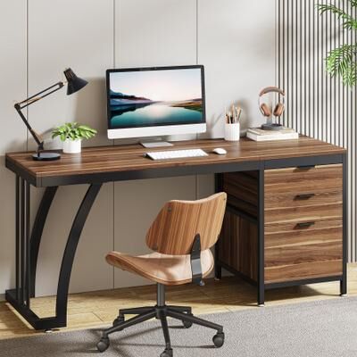 1Easylife 59 inch Reversible Computer Desk with 3 Drawer Cabinet, Industrial Study Writing Table Workstation for Home Office Bedroom