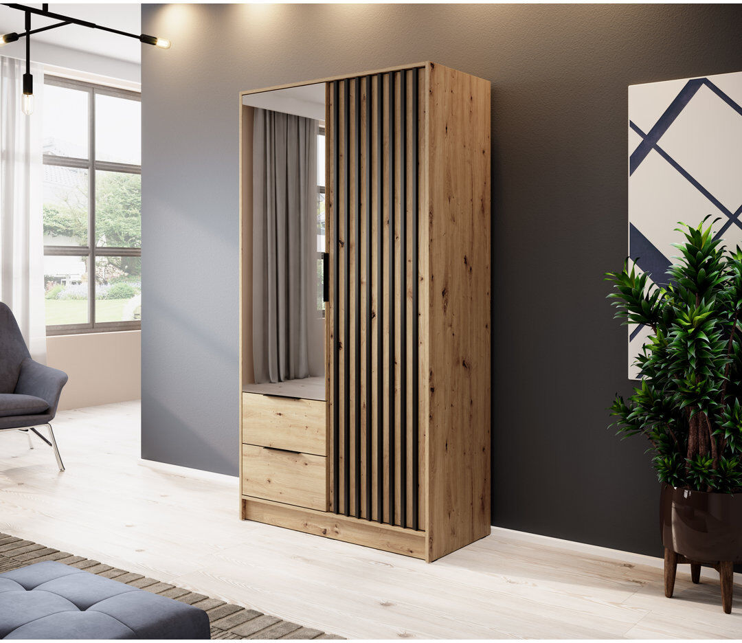 Gracie Oaks Anduin 2 Door Wardrobe Oak Artisan/Black 105cm W X 51cm D