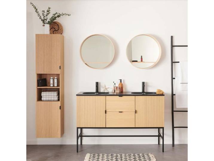 Meuble STUDIO double vasque chêne\, robinets noirs\, miroirs & colonne