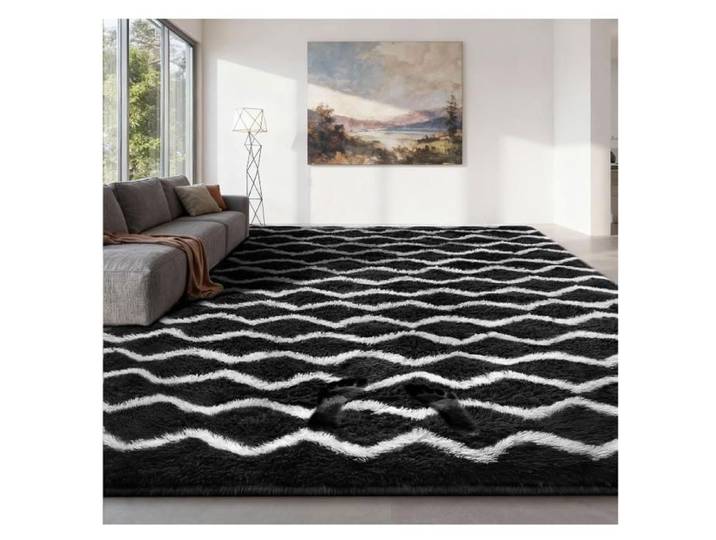Tapis De Salon Poils Longs Grand Tapis de Sol Doux et Moelleux pour Chambre Design Moderne Dessous Antidérapant Lavable 120x160 cm