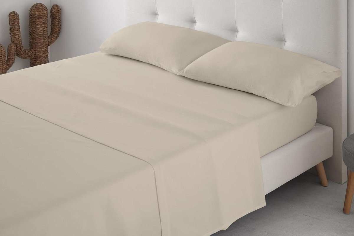 3-delig beddengoedset van premium microvezel met hoeslaken en kussensloop, beige, 135 cm
