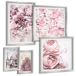 BILDER SET 5er Set - 50x50 cm & 20x30 cm & 40x60 cm Silberner Rahmen - Rosa Blumen, romantische Landschaft
