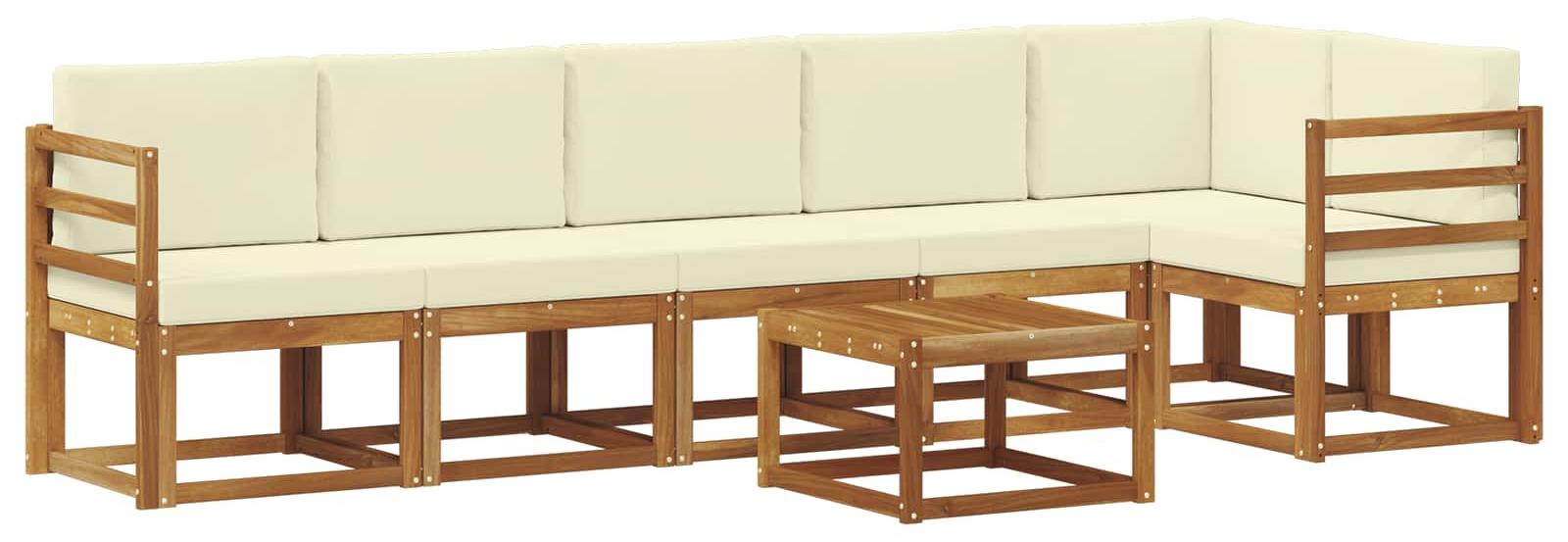 Modulare Outdoor-Sofagarnitur, 7-teilig, für Garten & Terrasse, massives Akazienholz, wetterbeständig, 6 Sitzplätze, Natur und Creme