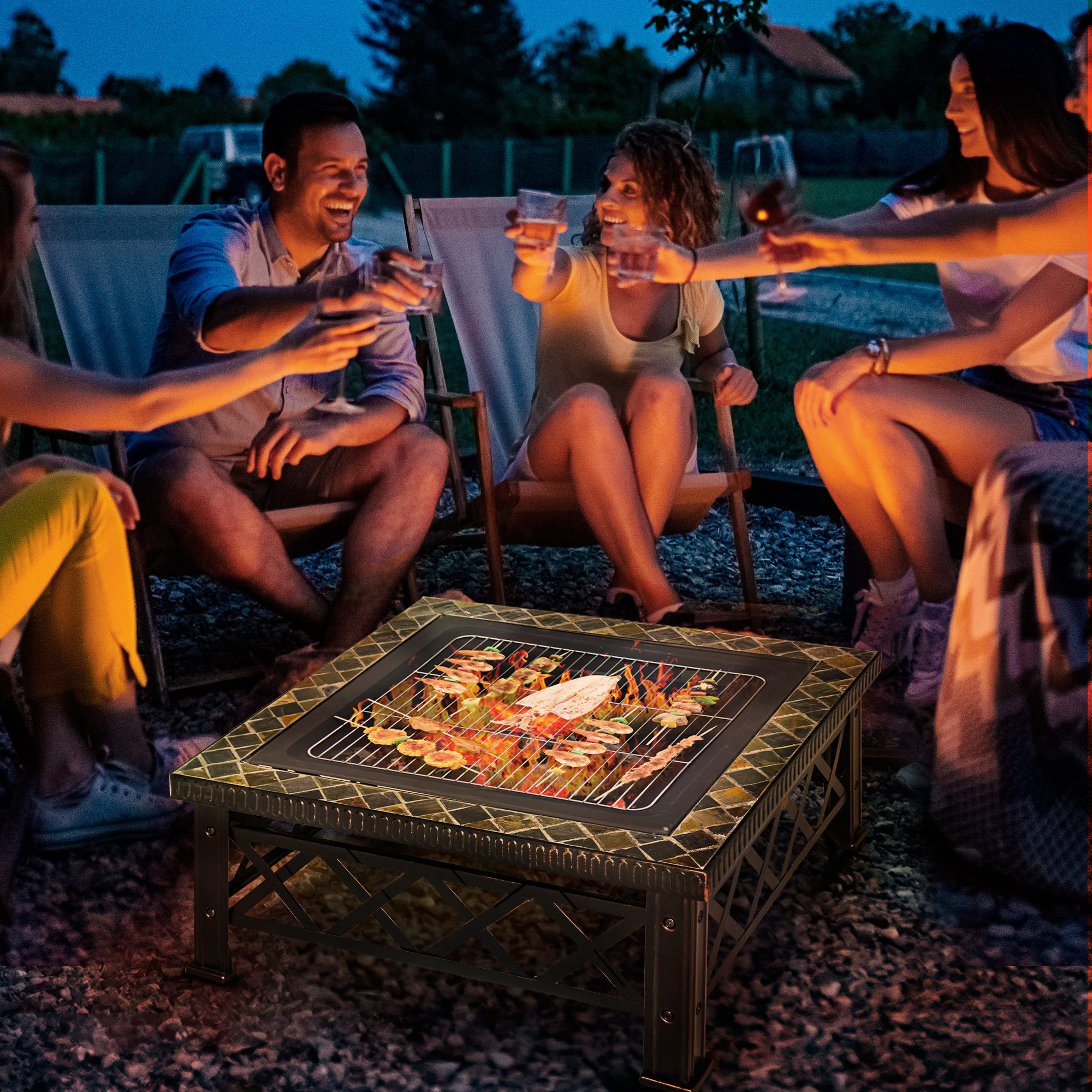 Outsunny Braciere Multiuso da Giardino con Coperchio Parascintille, attizzatoio e Griglia per Barbecue in Metallo, 76x76x47cm, Nero   Aosom Italy