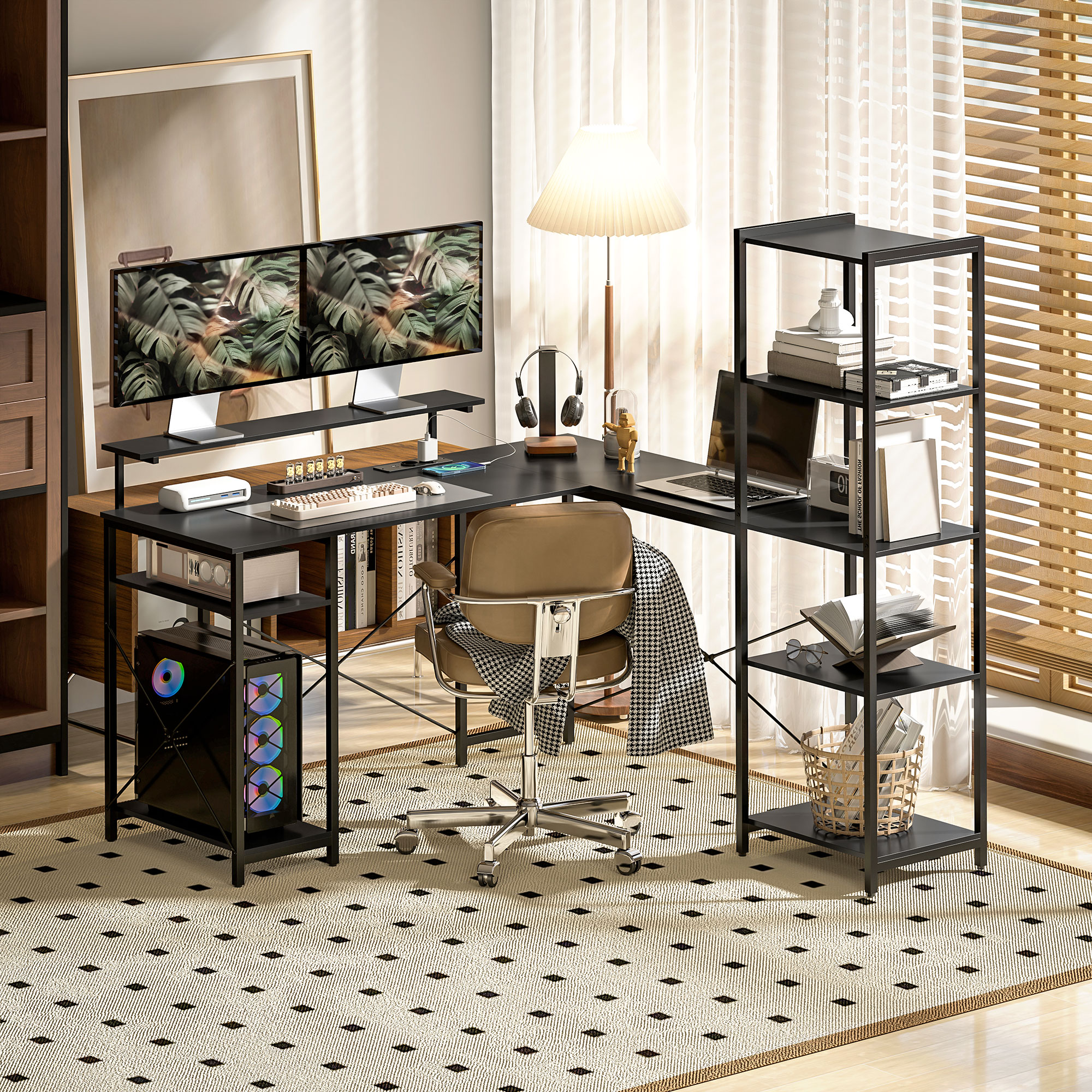 Homcom Scrivania Angolare per Computer con Prese Elettriche e Doppio Supporto per Monitor, 137x140cm, Nero   Aosom Italy