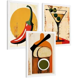 POSTER 3er Set Küchen-Wandbilder Vintage Chili Martini und Brot Olivenöl Retro Esszimmer Bar Deko Weißer Rahmen A4