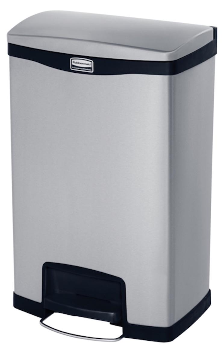 Rubbermaid Slim Jim Step On Container Front Step Pedal-Abfalleimer | 50 Liter, HxBxT 71,9x45,6x29,2cm | Edelstahl | Silber mit schwarzem Akzentstreifen