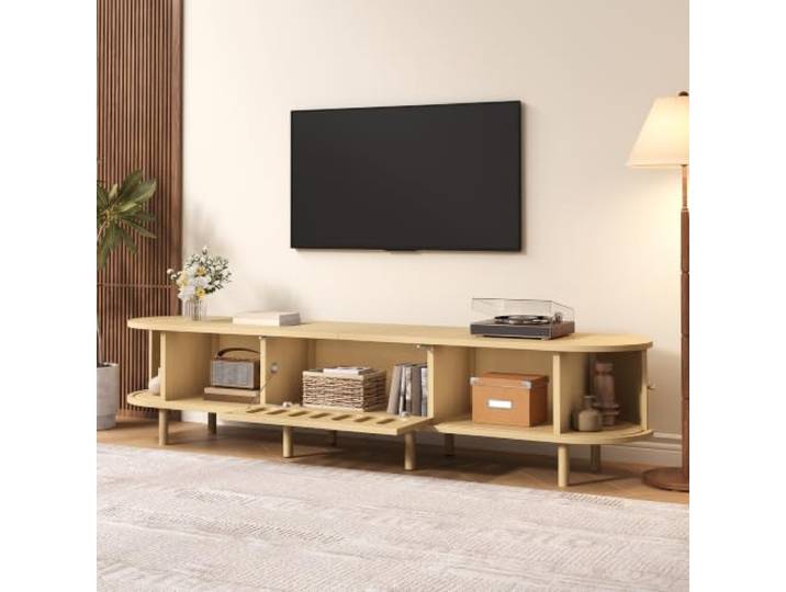 180*40*40cm Ovaler TV-Ständer in helle Holzfarbe, Rattan-Design - MDF-Design, 30 kg Belastbarkeit,ein Rollladentürdesign.TV-Schrank,lowboards,Wohnzimmerschrank,Beinhaltet einen Schrank mit Klapptür