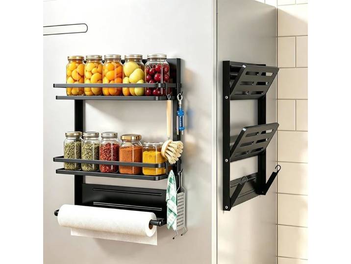 Porte-Épices Magnétique Pliable Étagère Réfrigérateur Etagere Cuisine Sans Percage Avec Porte-Rouleau De Cuisine 4 Crochets [BI284]