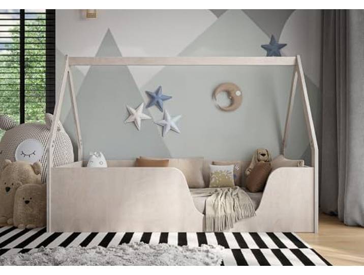 OSONO Nido Fort P Hausbett Kinder 120x200 cm aus Naturholz Montessori Bodenbett mit Rausfallschutz & Lattenrost Kinderbett im skandinavischen Stil