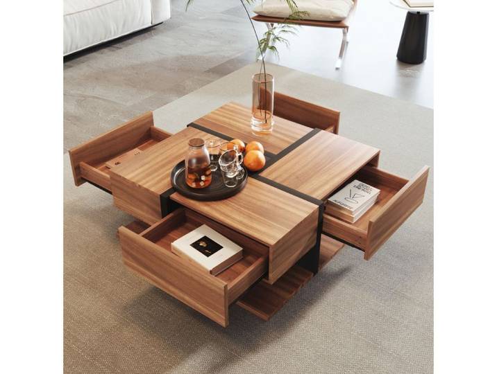 Table basse carrée avec 4 tiroirs et tablette basse design graphique moderne