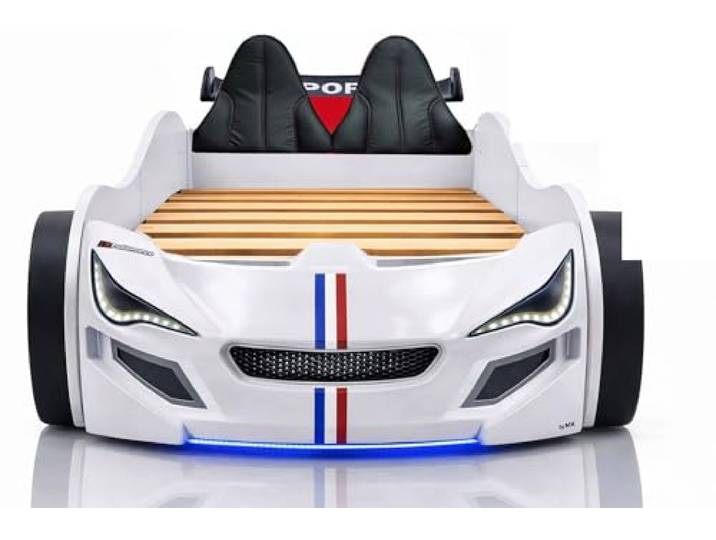 Aileenstore Autobett Turbo GTE 90x200 cm Weiß – Kinderbett im Rennwagen-Design mit LED-Beleuchtung, Sound & Fernbedienung, inkl. Lattenrost