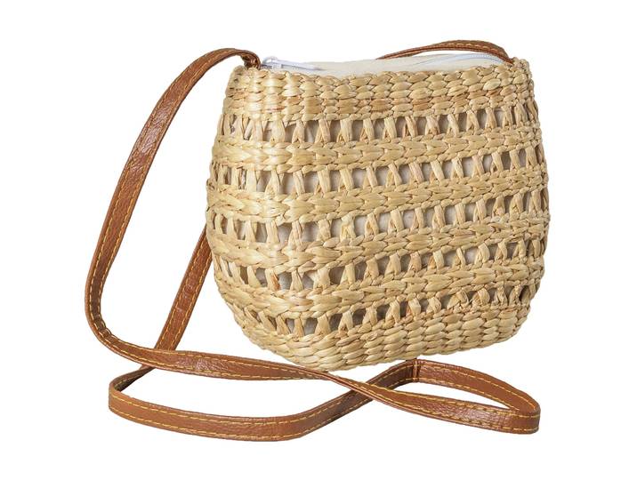 Umhängetasche aus Wasserhyazinthe, Tasche mit Lederriemen, braun, beige, 18 x 10 x 15 cm