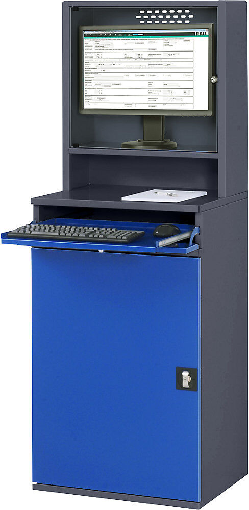Computer-Arbeitsstation, Monitorgehäuse, 2 Ausziehböden, Breite 650 mm, anthrazit / enzianblau RAU