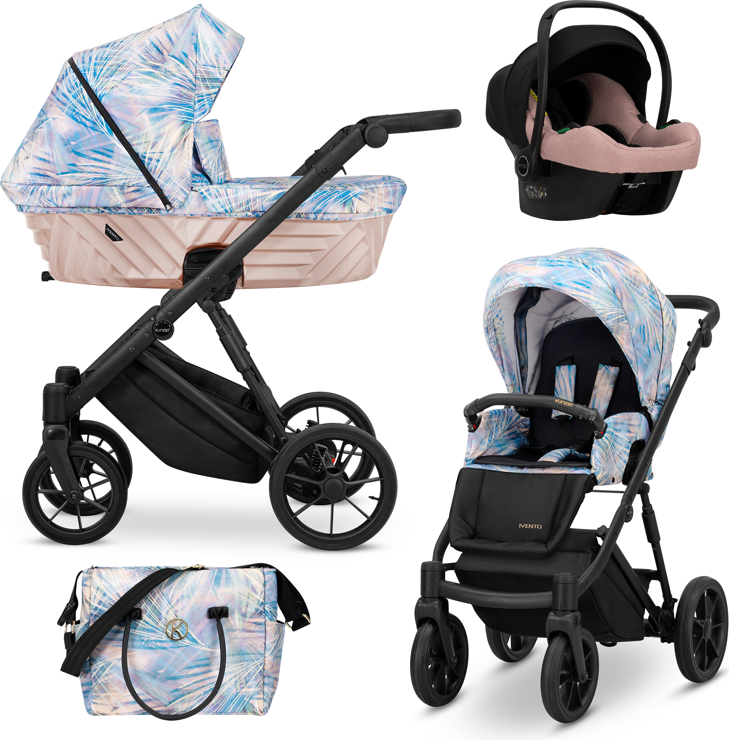 Kinderwagen IVENTO Sportwagen Babywagen Babyschale Komplettset Kinder Wagen Autositz Set 3 in 1 (Pastel Grass, Rahmenfarbe: Schwarz)