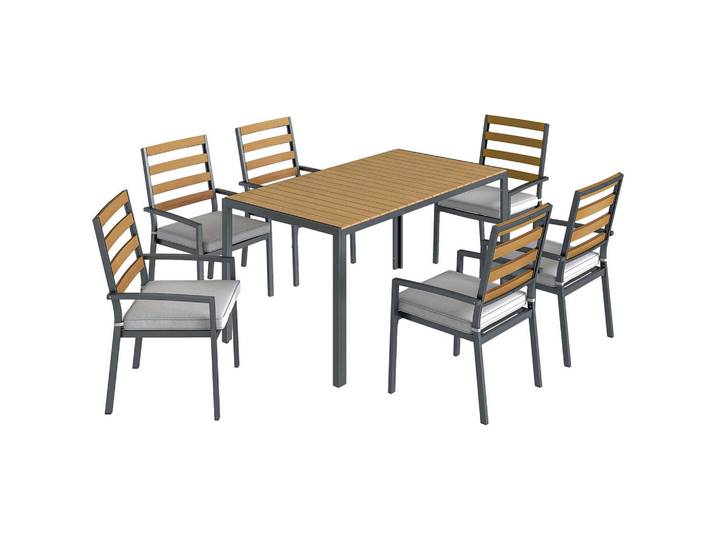 Outsunny Gartengarnitur 7Er-Set aus Verzinktem Stahl Naturholz, Dunkelgrau, Metall, 7-teilig, Füllung: Baumwolle (recycelt),Baumwolle (recycelt),Baumwolle (recycelt),Baumwolle (recycelt), rechteckig, eckig, Gartenmöbel, Gartengarnituren, Gartenmöbel-Sets