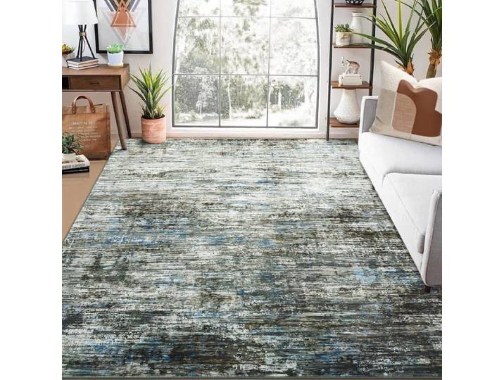 Tapis lavable moderne abstrait bleu gris
