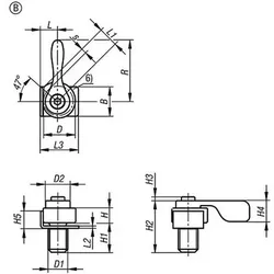 SPANNEXZENTER MIT SPANNHEBEL, FORM:B MIT SPANNBLECH, M12, F=0,7, VERGÜTUNGSSTAHL BRÜNIERT KOMP:EDELSTAHL