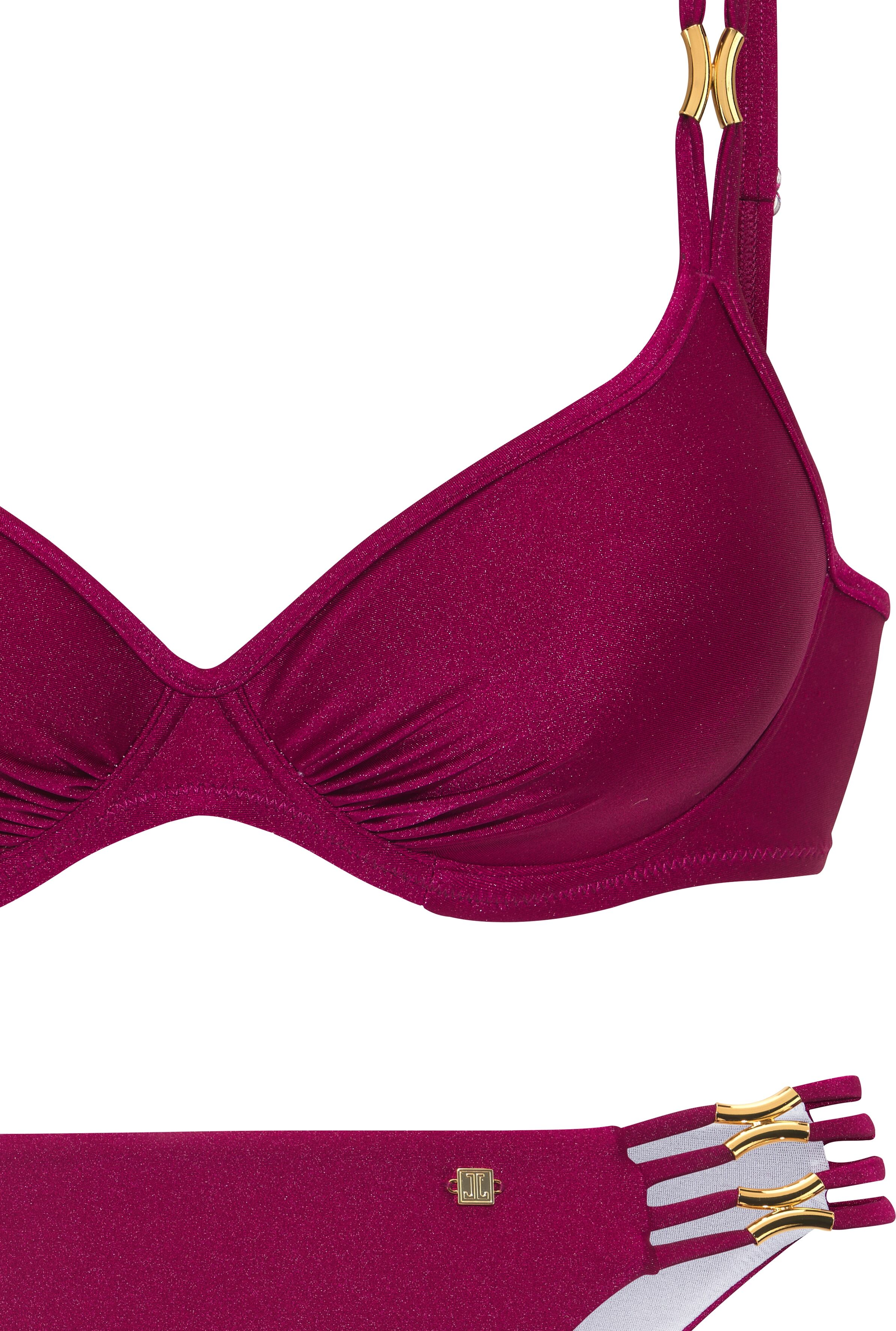 Bügel-Bikini JETTE "Giulia", Damen, Gr. 40, Cup B, lila (beere), Polyamid, leicht glänzend, Bikini-Sets Bügel-Bikini, mit goldfarbener Glanzbeschichtung und Accessoires beere 40, Cup B