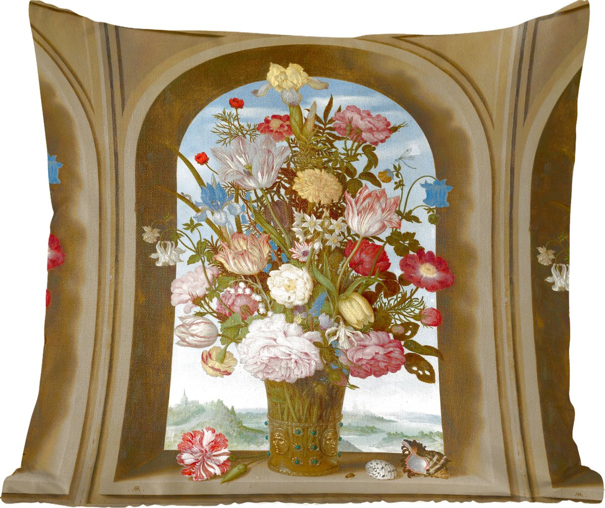 Sierkussen met afbeelding Vaas met bloemen in een venster door Ambrosius Bosschaert de Oude, 40 x 40 cm