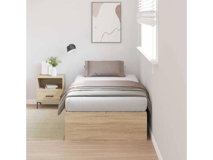 RJPLMFV Bettgestell, Aufbewahrung, Sonoma-Eiche, 90 x 190 cm Massives Kiefernholz, Scharniertüren, Ledergriffe, modernes Design, Lamellen inklusive