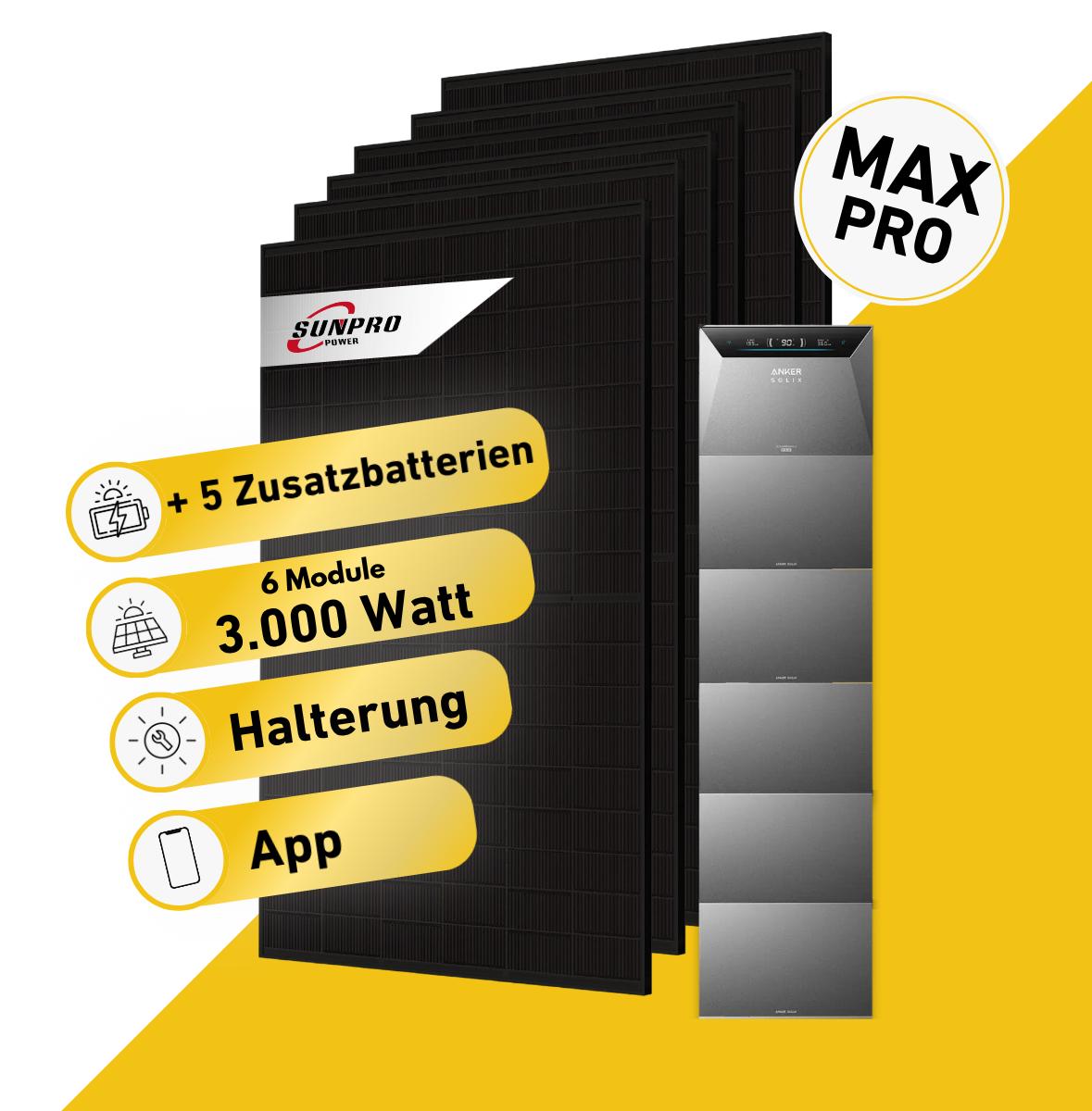 Balkonstrom Balkonkraftwerk 3000W Solaranlage mit Speicher | 5xZusatzspeicher | 6xSolarmodul Bifazial | Anker Solix 4 Pro | Kabel 3m