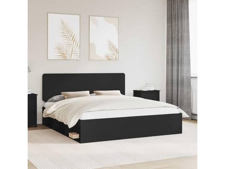 RJPLMFV Bettgestell mit Kopfteil, Schwarz, 200 x 200 cm, massives Kiefernholz