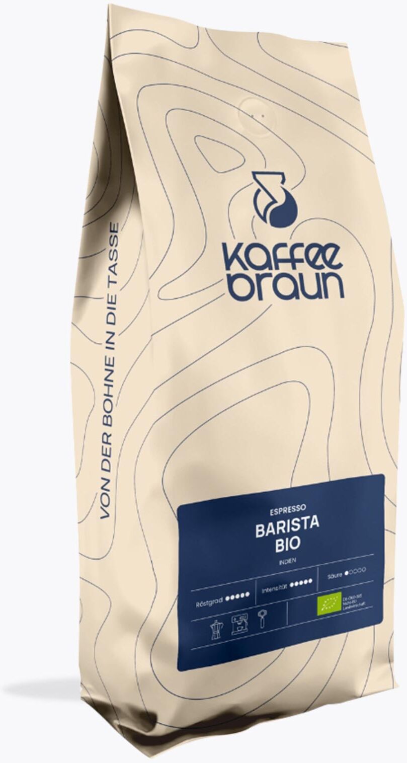 Kaffee Braun Barista Bio 1 kg   Ganze Bohne   100% Robusta Kaffee aus Indien, kräftiger Espresso & Caffé Crème, traditionell trommelgeröstet Bio