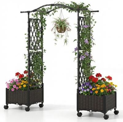 Costway 5 FT Self-Watering Planter Boxes with Lattice Trellis and Roof-Brown