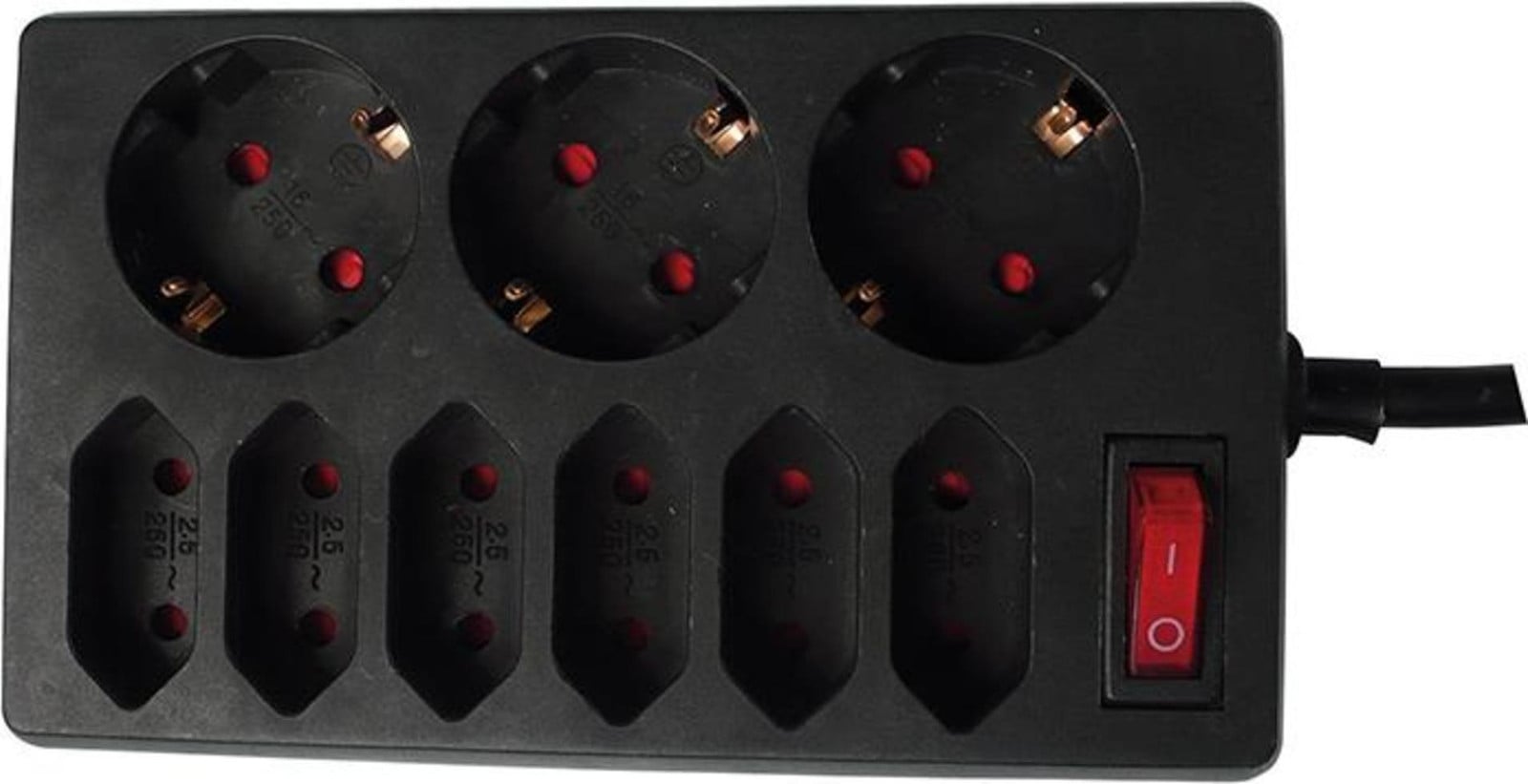 Rev Ritter wandcontactdoos met 9 stopcontacten en schakelaar, zwart, 1,4 meter
