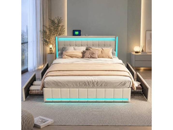 Lit Complet Double 180x200cm avec LED Lit Coffre avec 4 Tiroirs Lit double avec Multiprise cadre de lit adulte Lin Beige