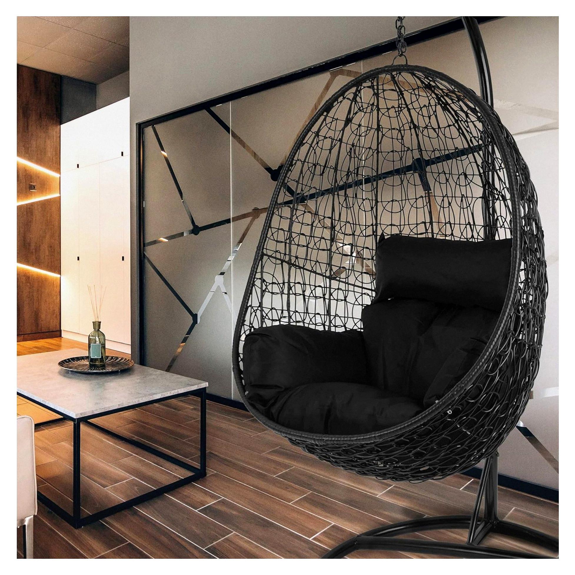 Komplettset: schwarzer Hängesessel mit Gestell und Kissen, Poly-Rattan, schwarzes Set (Kissen: schwarz)