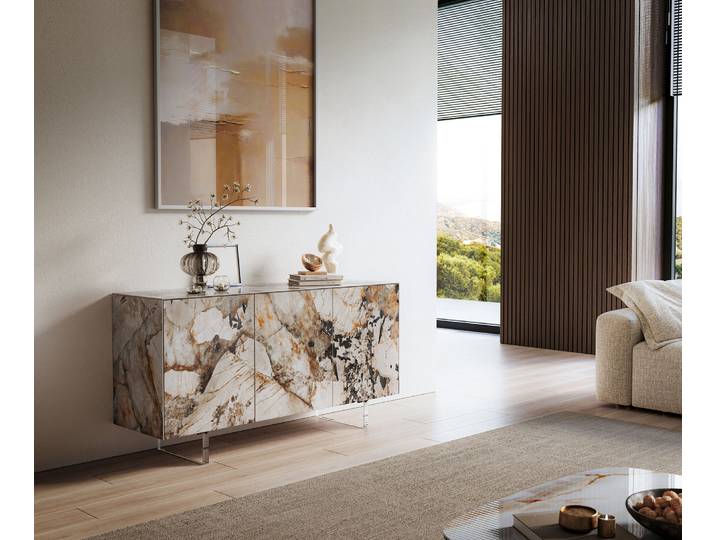 Sideboard Cuor 150 cm Keramik Patagonia Poliert 3 Türen Fuß Schwebeoptik Acrylglas, Sideboards