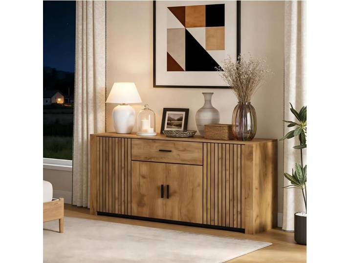 MEUBLIV Buffet bas en chêne 160 cm 4 portes et 1 tiroir panneau de particules aspect bois