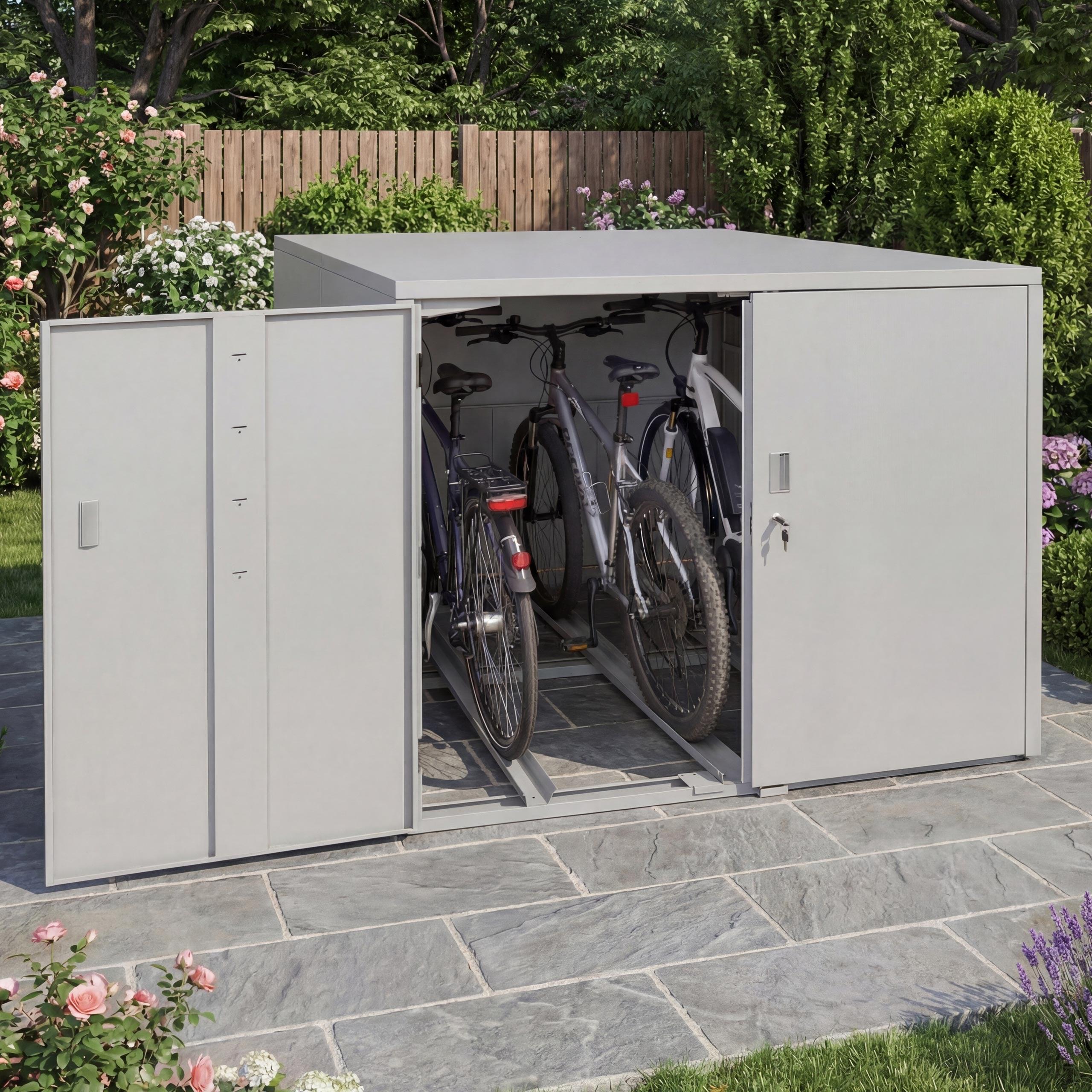 3er-Fahrradgarage MCW-P93, Fahrradunterstand Fahrradbox Bikebox, abschließbar verzinkter Stahl 124x148x208cm hellgrau