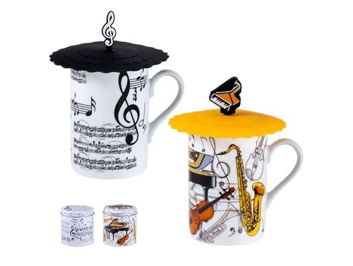 DRW Set mit 6 Teetassen mit Filter, Edelstahl, mit Musikinstrumenten, Tasse: 8 x 8 x 10 cm