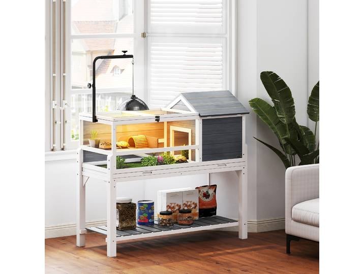 PawHut Maison Tortue Bois Gris avec Lampe et Étagère