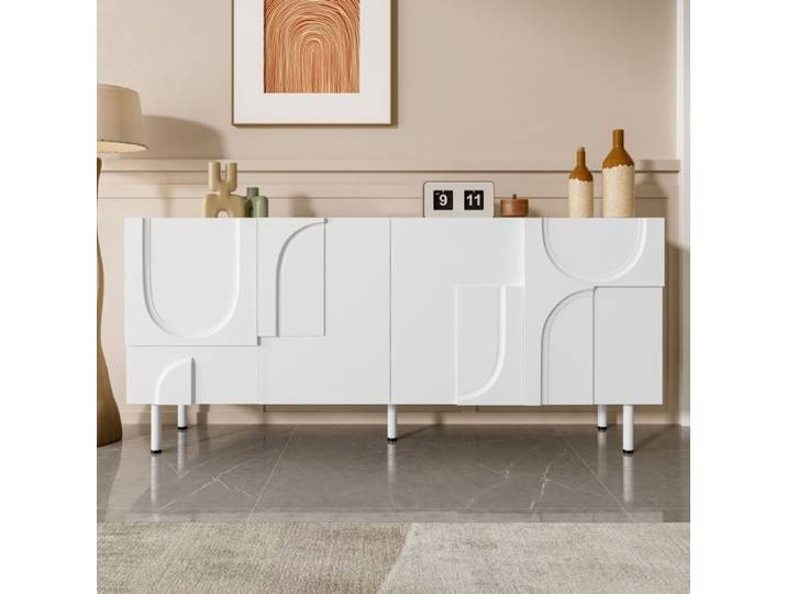 Buffet - DREAMMESPACE - Design géométrique - 4 portes - Blanc - Salle à manger - 160x38.5x70cm