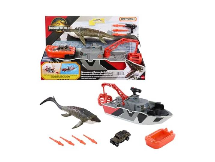 Matchbox-lekset med leksaksbil, 32 cm Jurassic World Rebirth-dinobåt med 33 cm Mosasaurus-dinosaurie, formgjuten Jeep i skala 1:64, harpunmissiler och löstagbar räddningsbåt, JGG61